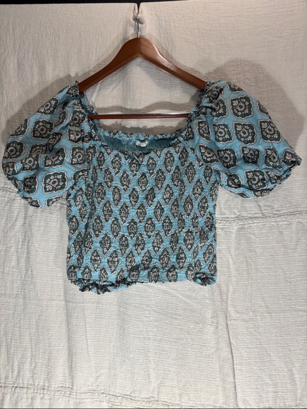 Maurices Aqua and Black Smocked Puff Sleeve Crop Top